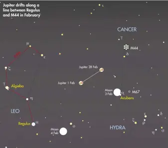  ??  ?? Jupiter drifts along a line between Regulus and M44 in February