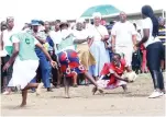  ?? ?? Women from the Apostolic sect play netball with their peers in Mbare in a match that was organised by First Lady Dr Auxillia Mnangagwa yesterday