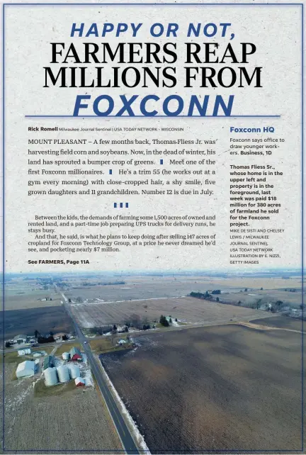  ?? MIKE DE SISTI AND CHELSEY LEWIS / MILWAUKEE JOURNAL SENTINEL USA TODAY NETWORK ILLUSTRATI­ON BY E. NIZZI, GETTY IMAGES ?? Thomas Fliess Sr., whose home is in the upper left and property is in the foreground, last week was paid $18 million for 380 acres of farmland he sold for the Foxconn project.