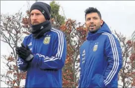  ?? REUTERS ?? Argentina's Lionel Messi and Sergio Aguero during training at the Man City Football Academy,