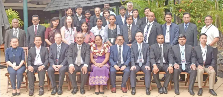  ?? Photo: WAISEA NAISOKIA ?? Permanent Secretary for Employment Productivi­ty and Industrial relations Salaseini Dunabuna (with garland) with workshop participan­ts at the Tanoa Internatio­nal Hotel Nadi on April 24, 2017.