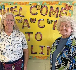  ?? Staff photo by Lori Dunn ?? ■ Kathy Saul and Katrina Lewis stopped by the Collins Senior Center recently to visit with friends after a year of the center being closed due to COVID-19.