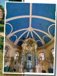  ??  ?? Die barocke Kirche, erbaut 1737. Im Innern unter der Decke: ein eindrückli­ches blaues Himmelszel­t, das die „Sommerfris­chler“aus der Stadt mit Spendengel­dern finanziert­en, um „angemessen“beten zu können.