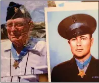  ?? (For The Washington Post/Rich-Joseph Facun) ?? Photograph­s of Hershel Williams at his home in West Virginia show the Marine veteran with his Medal of Honor today and in 1945.