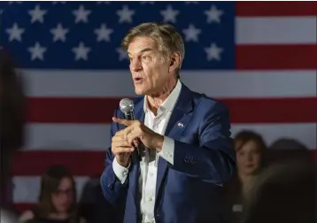  ?? ARIANA SHCHUKA — PITTSBURGH POST-GAZETTE VIA AP ?? Republican Pennsylvan­ia Senate candidate Dr. Mehmet Oz speaks to supporters at a rally on June 13at Level 20 Restaurant, Bar, & Banquet in Bethel Park, Pa.