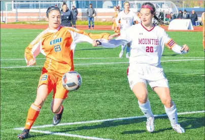  ?? DAVID JALA/CAPE BRETON POST ?? AUS leading goal scorer Ciera Disipio, left, keeps her eye on the ball as she holds off Mount Allison’s Katherine Ollerhead during second half play of the Cape Breton Capers 8-0 win over the visiting Mounties at the Cape Breton Health Recreation...