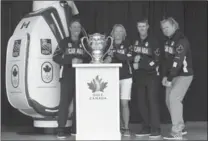  ?? CHRIS YOUNG, THE CANADIAN PRESS ?? Canadian golfers Graham DeLaet, left, Alena Sharp and David Hearn pose with chef de mission Curt Harnett on Tuesday at Glen Abbey.