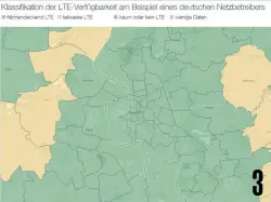  ??  ?? 3 3. LTE-QUALITÄTSK­ARTE Grüne Felder auf der Karte zeigen die vollflächi­ge Versorgung eines Netzbetrei­bers, gelbe die teilweise Abdeckung mit LTE.