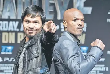  ??  ?? Boxer Manny Pacquiao (left) of the Philippine­s and undefeated WBO welterweig­ht champion Timothy Bradley of the US pose during a news conference at the MGM Grand Hotel and Casino in Las Vegas. Pacquiao will challenge Bradley at the MGM Grand Garden...