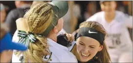  ?? KYLE FRANKO — TRENTONIAN PHOTO ?? Steinert catcher Alex Haley, right, celebrates with first baseman Grace Gaskill, left, after winning the MCT final at Armstrong Park last season.