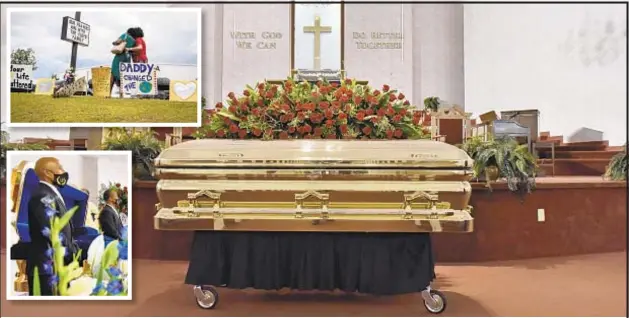  ?? AFP VIA GETTY IMAGES ?? George Floyd’s gold casket displayed in the Raeford, N.C., church where hundreds gathered, many weeping, some with homemade signs (top left), to pay their respects.