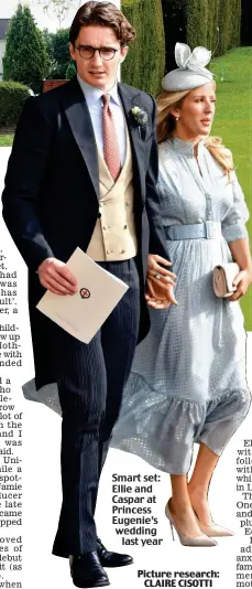  ?? Picture research: CLAIRE CISOTTI ?? Smart set: Ellie and Caspar at Princess Eugenie’s wedding
last year