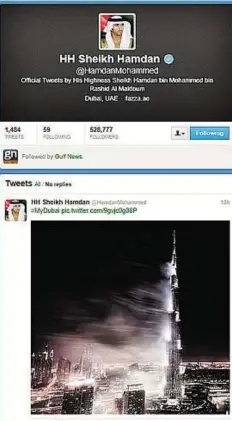  ??  ?? Social media abuzz A screen grab of the Twitter account of Shaikh Hamdan Bin Mohammad Bin Rashid Al Maktoum, Crown Prince of Dubai. After posting tweets and a video introducin­g the # MyDubai initiative, Shaikh Hamdan followed it up with a picture of...