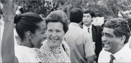  ??  ?? The glee is palpable in this February 1990 photograph of Cheryl Carolus, left, United Democratic Front publicity secretary in the Western Cape, Black Sash president Mary Burton, and lawyer Ibrahim Mohammed, on hearing of the unbanning of the ANC.