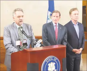  ?? Ed Stannard / Hearst Connecticu­t Media ?? State Transporta­tion Commission­er Joseph Giulietti speaks about the first year of Hartford Line train service between New Haven and Springfiel­d, Mass., on Monday at Union Station in New Haven.