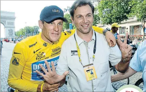  ?? LARS RONBOG / GETTY ?? Días de gloria. En el 2005 Lance Armstrong y Johan Bruyneel celebraban el séptimo Tour de Francia consecutiv­o con el Arco del Triunfoal fondo