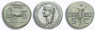  ??  ?? Die bei Münzen Ritter erhältlich­en Stücke zeigen Germanicus im Porträt (Mitte) im Triumphwag­en (links) sowie als Offizier mit einem der von den Germanen zurückgewo­nnenen Legionsadl­er (rechts).