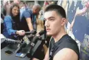  ?? ASSOCIATED PRESS ?? Purdue’s Zach Edey speaks with reporters Thursday ahead of Saturday’s NCAA Tournament Final Four matchup against North Carolina State in Glendale, Ariz.