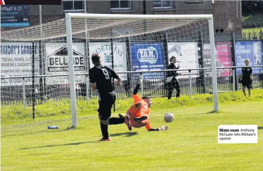  ??  ?? Main man Anthony Mcguire nets Wishaw’s opener