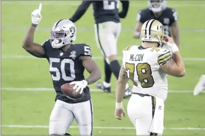  ?? ISAAC BREKKEN — THE ASSOCIATED PRESS ?? Las Vegas Raiders linebacker Nicholas Morrow (50) celebrates after making an intercepti­on against the New Orleans Saints during the first half of a game on Sept. 21 in Las Vegas.