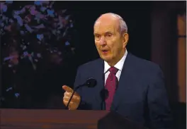  ?? THE CHURCH OF JESUS CHRIST OF LATTER-DAY SAINTS VIA THE ASSOCIATED PRESS ?? Salt Lake Temple of The Church of Jesus Christ of Latter-day Saints church President Russell M. Nelson speaks during the opening of the 190th Semiannual General Conference at the Conference Center Theater on Temple Square Saturday in Salt Lake City. The twice-annual conference kicked off Saturday without anyone attending in person and top leaders sitting some 6-feet apart.