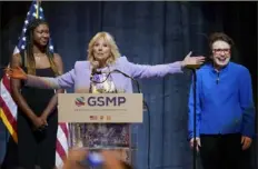  ?? Patrick Semansky/Associated Press ?? First lady Jill Biden speaks alongside student-athlete Maya Mosley, left, and tennis great Billie Jean King on Wednesday at an event to celebrate the 50th anniversar­y of Title IX. A Biden administra­tion proposal would give new protection­s for LGBTQ students.