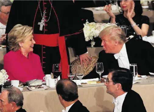  ??  ?? CHARITY EVENING: Hillary Clinton was the butt of some caustic Donald Trump ‘humour’ at the normally light-hearted white-tie event