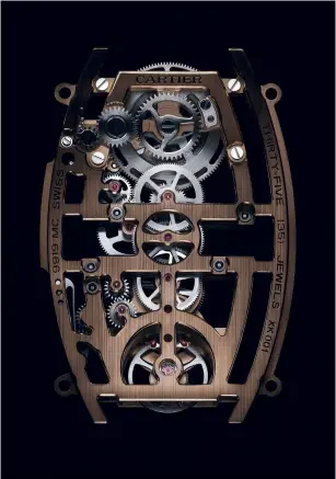  ??  ?? Close up of the movement powering the Skeleton Dual Time Zone Tonneau, highlighti­ng the configurat­ion of the geartrain in a single line
Opposite page
The Skeleton Dual Time Zone Tonneau