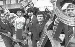  ??  ?? Ian McClymont, second left, as caretaker Wally in the original cast of Glide Time, at Circa Theatre. Others, from left, are Michael Haigh, Pauline d’Emden, Gary Knuckey, Fergus Dick, Ross Jolly and Ray Henwood.