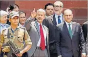  ?? PTI ?? Foreign secretary S Jaishankar and his Pakistani counterpar­t Aizaz Ahmad Chaudhry after their meeting in New Delhi on Tuesday.