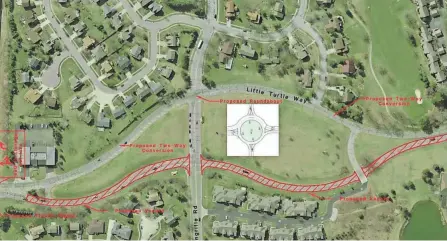  ?? CARPENTER MARTY STUDY/ CITY OF COLUMBUS ?? The City of Columbus is proposing to eliminate the northbound-only entrance section of Little Turtle Way (seen in red lines at bottom of this map) and convert the southbound-only exit section of Little Turtle Way into a two-way roadway. A roundabout would be added at the intersecti­on of Little Turtle Way southbound and Longrifle Road as shown.