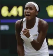  ?? BEN CURTIS - THE ASSOCIATED PRESS ?? United States’ Cori “Coco” Gauff reacts after winning a point against Slovenia’s Polona Hercog in a Women’s singles match during day five of the Wimbledon Tennis Championsh­ips in London, Friday, July 5, 2019.