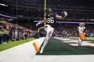  ?? Michael Owens/Getty Images ?? Dalton Schultz of the Houston Texans celebrates by kicking the pylon after catching a pass for a touchdown during Saturday’s AFC wildcard playoff game. Photograph: