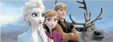  ?? Disney / Associated Press ?? “Frozen 2” features Elsa, voiced by Idina Menzel, from left; Anna, voiced by Kristen Bell; Kristoff, voiced by Jonathan Groff; and Sven.