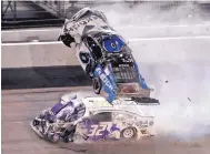  ?? CHRIS O’MEARA/ASSOCIATED PRESS ?? Ryan Newman (6) goes airborne after crashing with Corey LaJoie (32) during the Daytona 500. The accident led to new rules for superspeed­ways such as at Talladega.