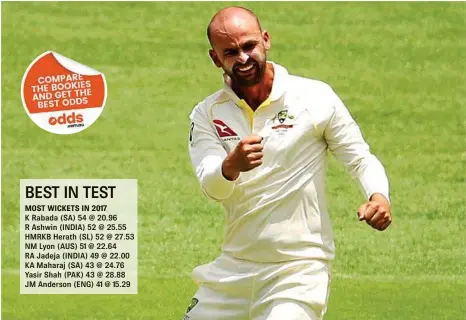  ??  ?? SPIN DOCTOR: Nathan Lyon celebrates after claiming a wicket in the first Ashes Test at the Gabba. PHOTO: MARK KOLBE