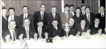  ?? ?? 1968 club dinner dance in the Royal Hotel, Fermoy. Included in the picture is the recently deceased Garda Donie O’Sullivan. A native of Doneraile Donie played hurling with Bride Rovers and was a valued team mentor with the Junior hurlers in the 1966 to 1970 period. Those in the picture are; back row left to right; Joe Browne, Paddy O’Brien, Willie Sheehan, Donie O’Sullivan, Gary Quirke, Paddy Healy, Donie Murphy, Batty Hogan, Tom O’Riordan, Pat Meade, Willie Cotter. Front row; left to right; Tom Barry, Jimmy Meade, Paddy O’Shea (East Cork Board), David John Barry, Fr. Michael Ryan CC, Tony Walsh, Seanie Barry.