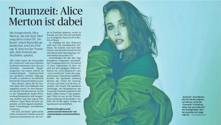  ?? FOTO: VERANSTALT­ER ?? „No Roots“: Alice Merton, die Frau mit der prägnanten Stimme, ist bei der „Traumzeit“in Duisburg dabei. Das wird viele darüber hinwegtrös­ten, dass der Australier Ry X abgesagt hat.