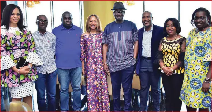  ??  ?? L-R: Lynda Saint Nwafor, Chief Enterprise Business Officer, MTN; Adekunle Adebiyi, Sales and Distributi­on Executive, MTN; Idowu Adesokan, Senior Manager, High Value Segment, MTN; Ugonwa Nwoye, Customer Services Executive, MTN; Chibudom Nwuche, former Deputy Speaker, House of Representa­tives; Tony Emoekpere, a businessma­n; Ifechukwud­e Kagho, Loyalty Management Manager, MTN and Olufunke Mike-Adeogun, also of MTN