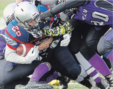  ?? CLIFFORD SKARSTEDT EXAMINER ?? Thomas A. Stewart Griffins' Kyle Milburn carries Eastside Ravens players across the goal line for a TD. TASSS won 63-15 to advance to OFSAA Bowl .