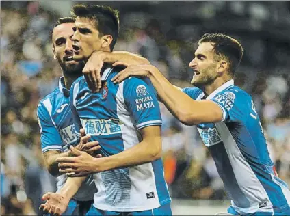  ?? FOTO: MORATA ?? Gerard, Darder y Baptistao, celebrando un gol. El Espanyol quiere encadenar hoy su segundo triunfo en casa y mirar hacia arriba
