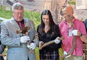  ?? CORY MORSE/MLIVE.COM VIA A P ?? Bryan Kolk, from left, chair of the Newaygo County Board of Commission­ers, Jenn Merchant, Kent County commission­er, and Dale Twing, Newaygo County drain commission­er, hold mastodon bones at the Grand Rapids Public Museum on May 18, in Grand Rapids.