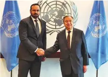  ?? WAM ?? Mohammad Al Gergawi is congratula­ted byUN chief António Guterres in New York on Thursday.