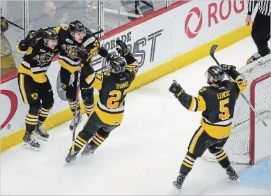  ?? GARY YOKOYAMA THE HAMILTON SPECTATOR ?? Nick Caamano of the Hamilton Bulldogs celebrates with teammates after scoring an empty-net goal late in the third period that proved to be the OHL championsh­ip-winning goal in the team’s 5-4 win over the Sault Ste. Marie Greyhounds on Sunday.