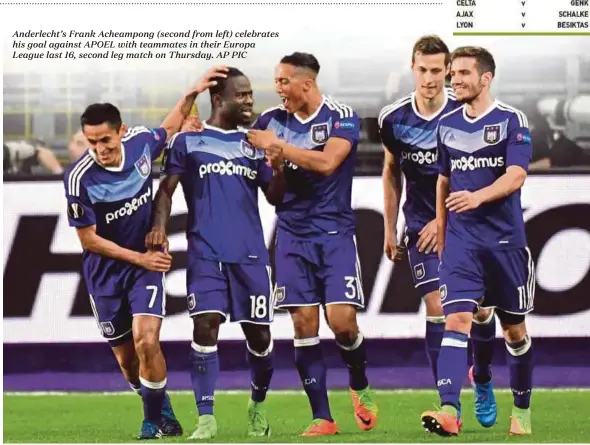  ?? AP PIC ?? Anderlecht’s Frank Acheampong (second from left) celebrates his goal against APOEL with teammates in their Europa League last 16, second leg match on Thursday.
