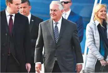  ?? AFP ?? Tillerson arrives at Vnukovo II airport in Moscow, yesterday. Earlier, he told a G7 foreign ministers’ meeting in Italy that Russia should rethink its alliance with Al Assad.