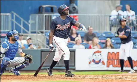  ?? File, Jim Lacey / Gwinnett Braves via AP ?? The Gwinnett Braves’ Ryan Howard watches his two-run homer during a minor league game against the Durham Bulls in Gwinnett.