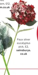  ??  ?? snowy red hydrangea stem, £12, faux silver eucalyptus pick, £2,