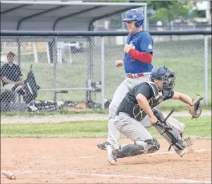  ?? JASON MALLOY/THE GUARDIAN ?? Thane Arsenault, of the Charlottet­own Jays, scores ahead of the tag from Morell Chevies catcher Cole MacLaren during Wednesday’s Kings County Baseball League contest at Memorial Field.