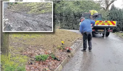  ??  ?? Cheshire East Council staff carrying out repair works after vandals drove over memorial stones at Macclesfie­ld Cemetery, inset, a post showing the damaged caused was shared hundreds of times